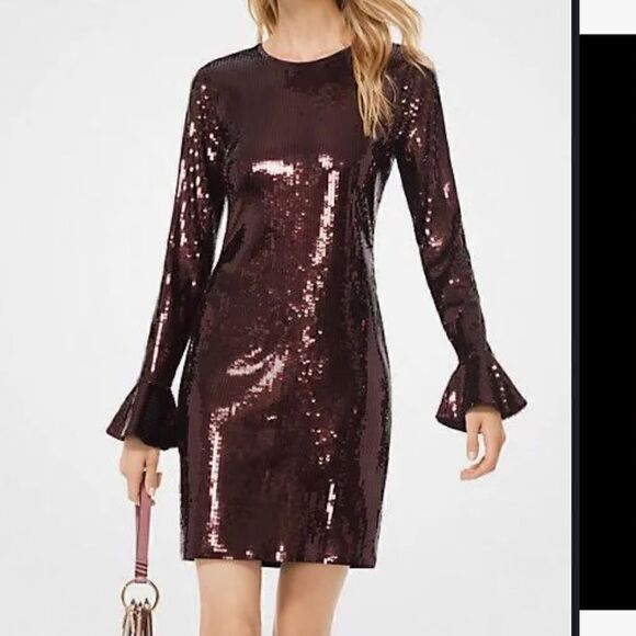 Michael Michael Kors Sequin Cordovan Long Sleeve Dress in Burgundy - Picture 1 of 6